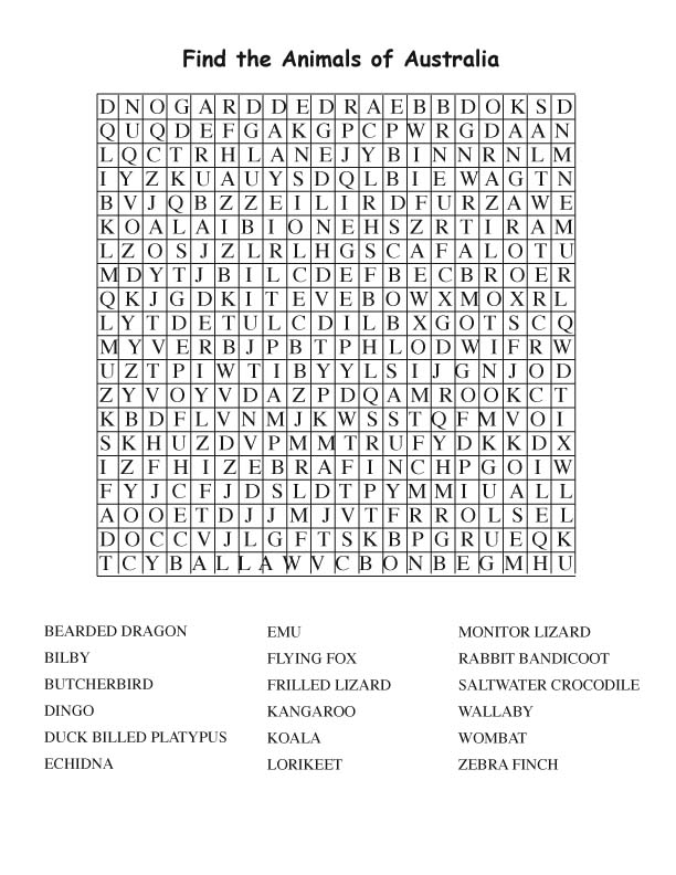 Australian Animal Word Search Adult 