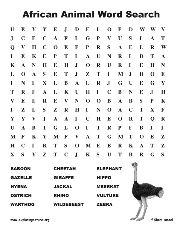 African Animals Word Search Middle 