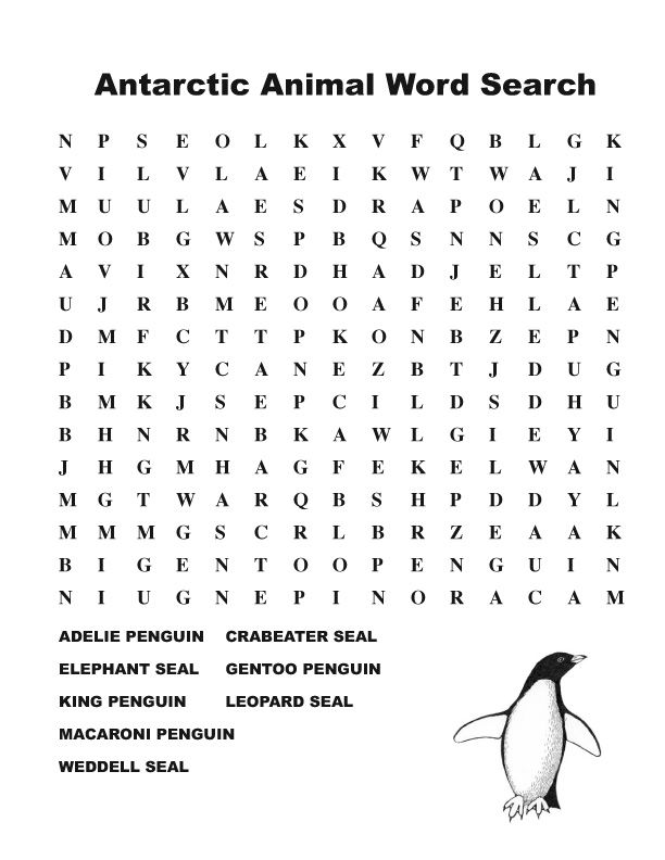 Antarctic Animal Word Search Middle 