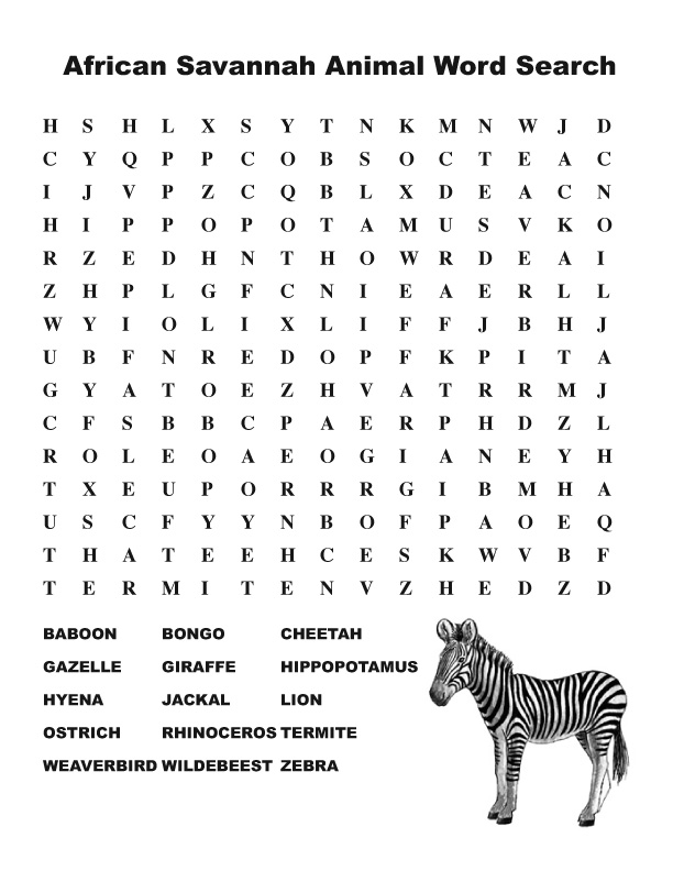 African Savanna Animal Word Search Middle 